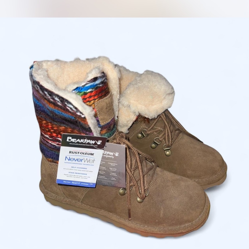 BearPaw Tan Boots with Colorful Knit Cuff
